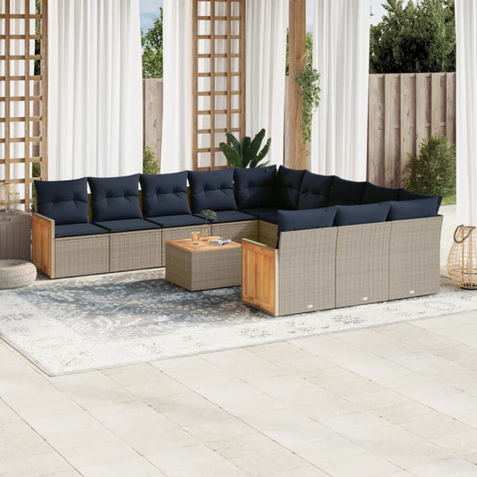 12-tlg. Garten-Sofagarnitur mit Kissen Grau Poly Rattan