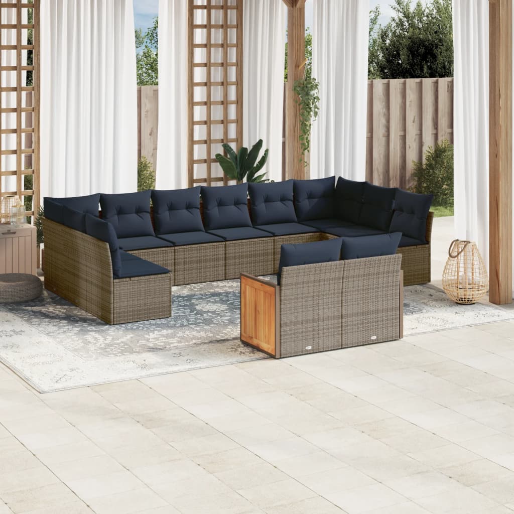 12-tlg. Garten-Sofagarnitur mit Kissen Grau Poly Rattan