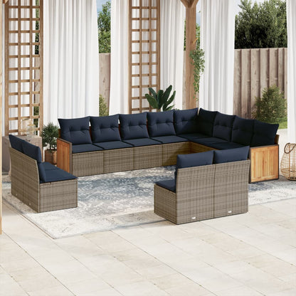 12-tlg. Garten-Sofagarnitur mit Kissen Grau Poly Rattan