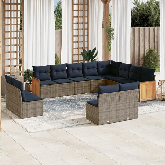12-tlg. Garten-Sofagarnitur mit Kissen Grau Poly Rattan