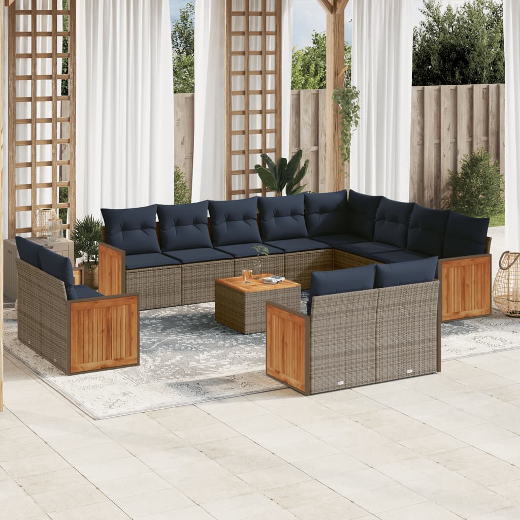 13-tlg. Garten-Sofagarnitur mit Kissen Grau Poly Rattan