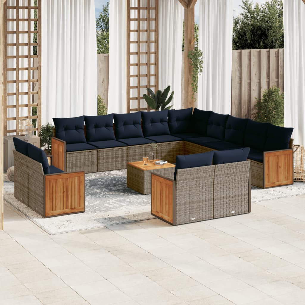 14-tlg. Garten-Sofagarnitur mit Kissen Grau Poly Rattan