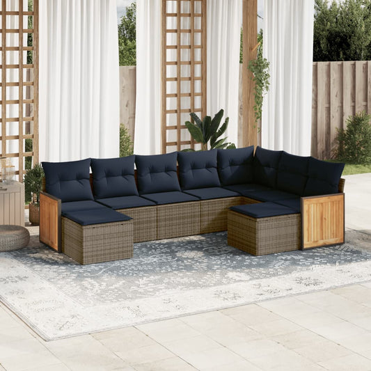 9-tlg. Garten-Sofagarnitur mit Kissen Grau Poly Rattan