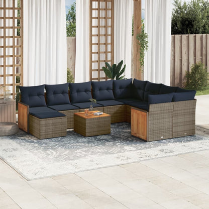 11-tlg. Garten-Sofagarnitur mit Kissen Grau Poly Rattan