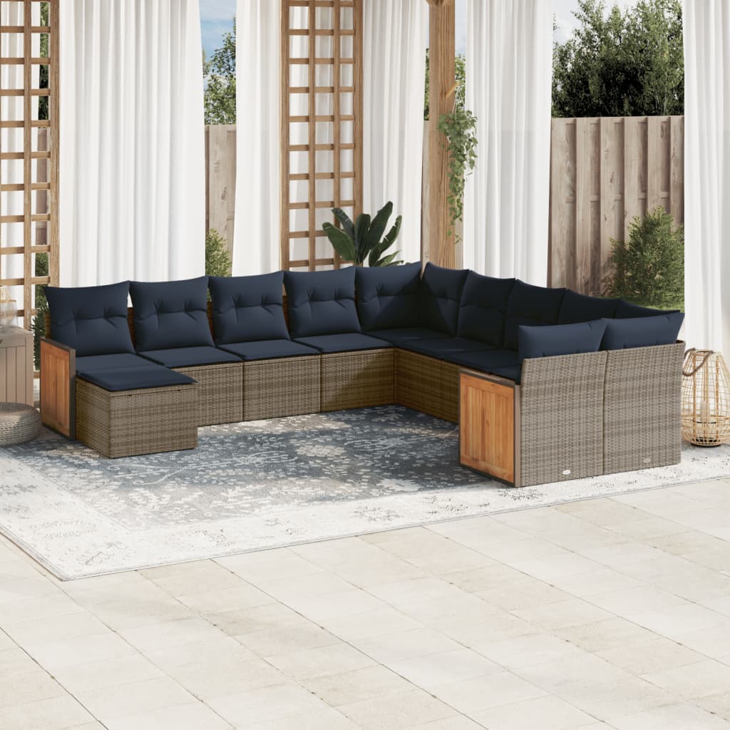 11-tlg. Garten-Sofagarnitur mit Kissen Grau Poly Rattan