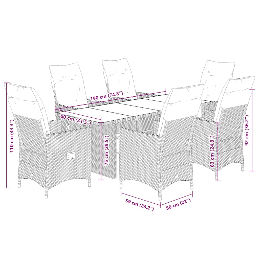7-tlg. Garten-Essgruppe mit Kissen Schwarz Poly Rattan