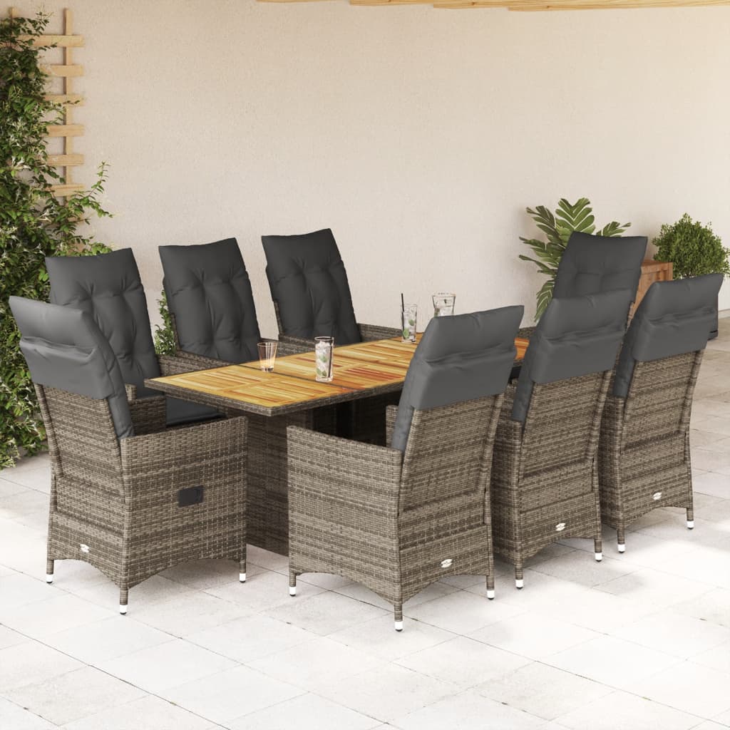 9-tlg. Garten-Essgruppe mit Kissen Grau Poly Rattan