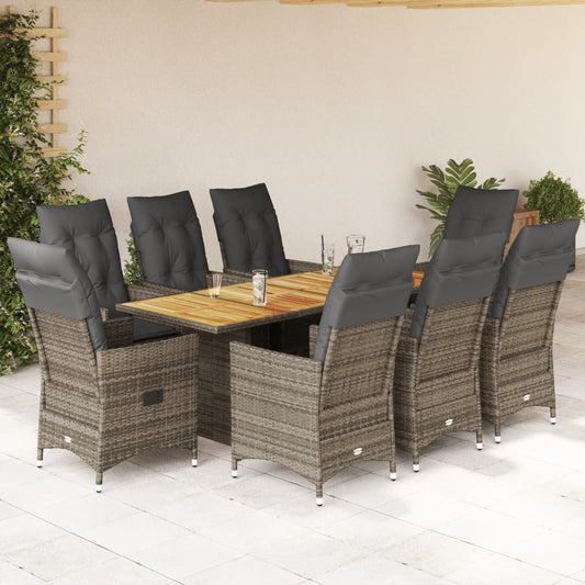 9-tlg. Garten-Essgruppe mit Kissen Grau Poly Rattan