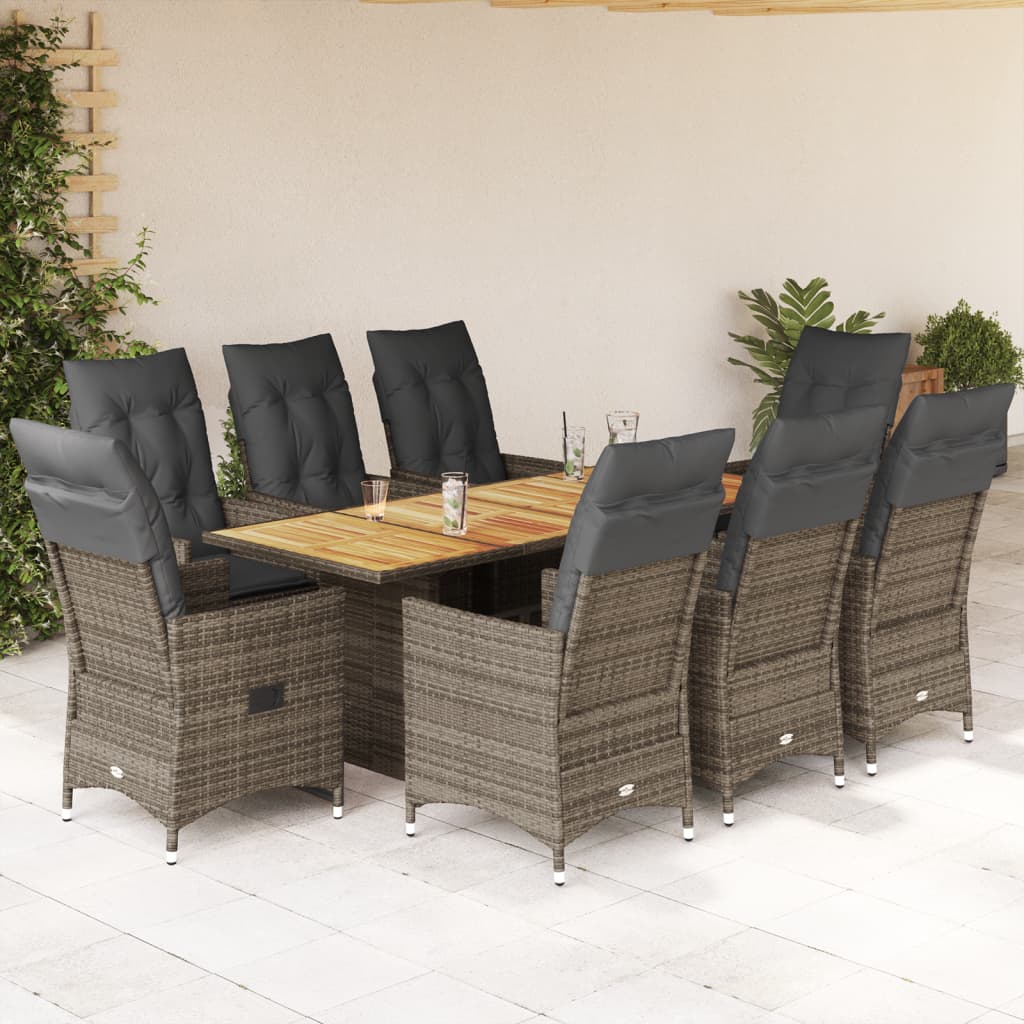 9-tlg. Garten-Essgruppe mit Kissen Grau Poly Rattan