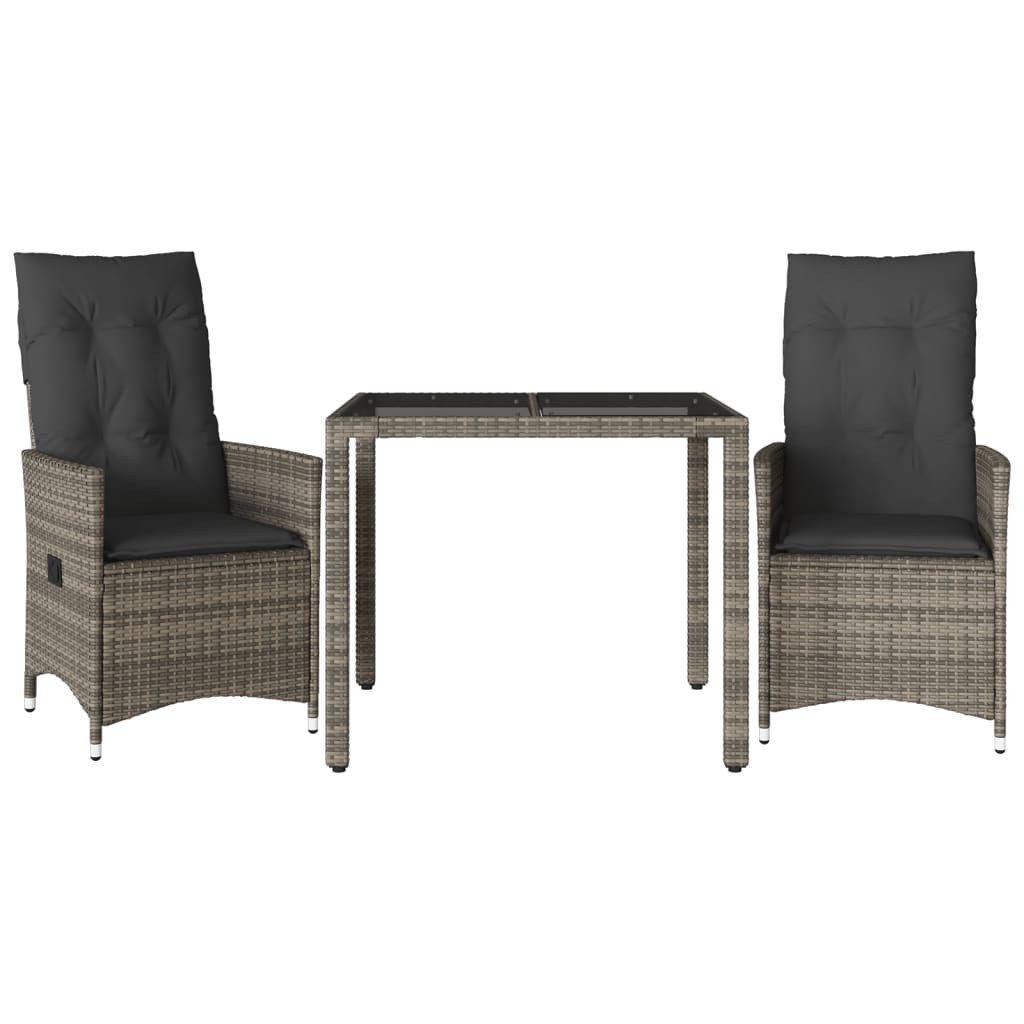 3-tlg. Bistro-Set mit Kissen Grau Poly Rattan