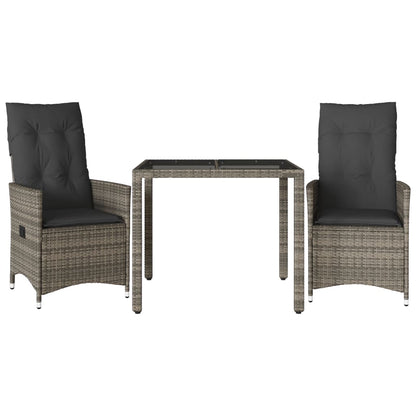 3-tlg. Bistro-Set mit Kissen Grau Poly Rattan