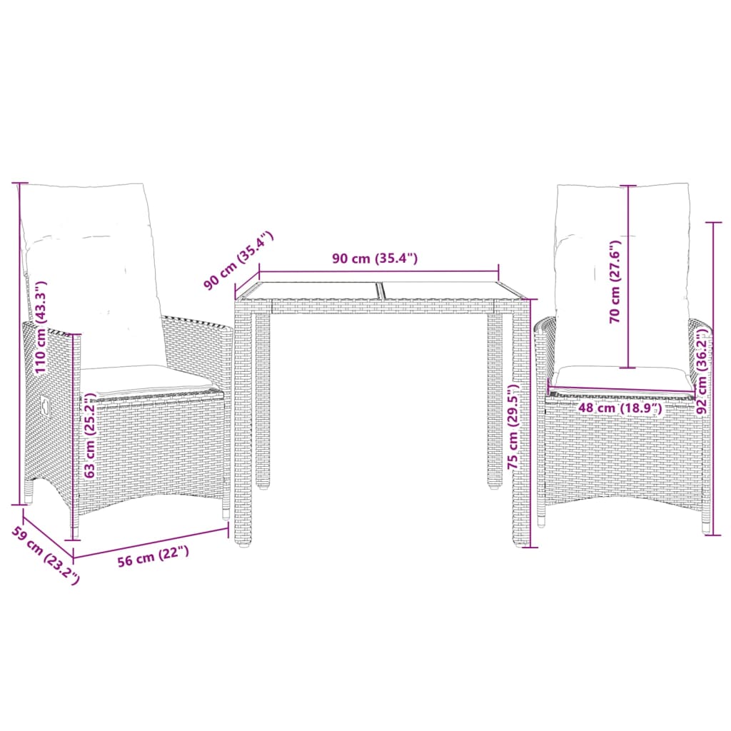 3-tlg. Bistro-Set mit Kissen Grau Poly Rattan