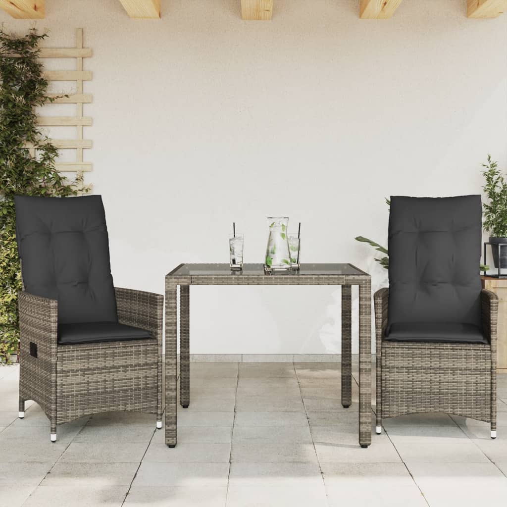 3-tlg. Bistro-Set mit Kissen Grau Poly Rattan