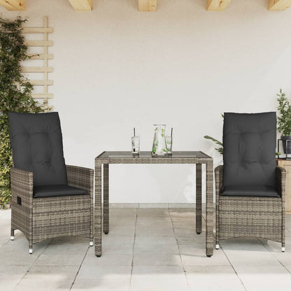 3-tlg. Bistro-Set mit Kissen Grau Poly Rattan