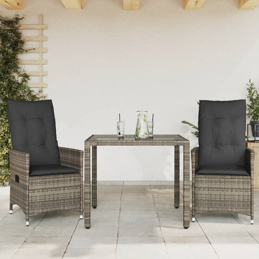 3-tlg. Bistro-Set mit Kissen Grau Poly Rattan