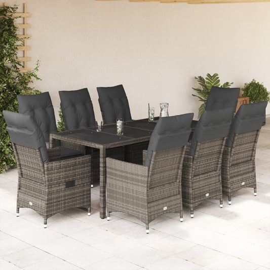 9-tlg. Garten-Essgruppe mit Kissen Grau Poly Rattan