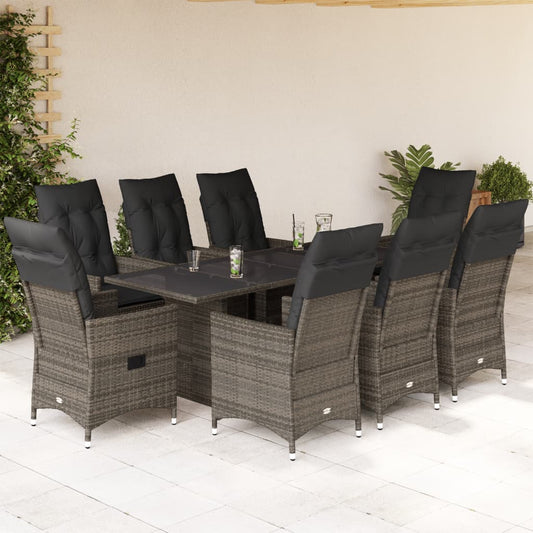 9-tlg. Garten-Essgruppe mit Kissen Grau Poly Rattan