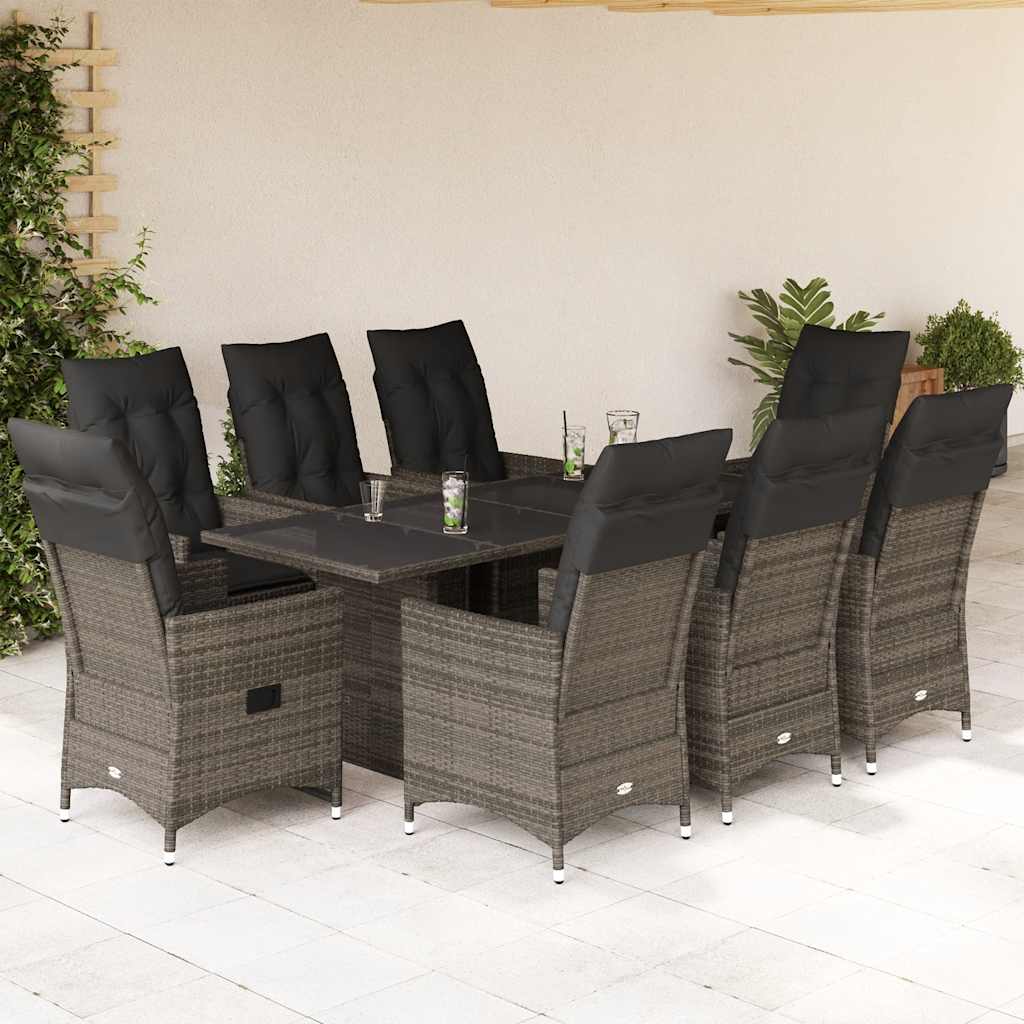 9-tlg. Garten-Essgruppe mit Kissen Grau Poly Rattan