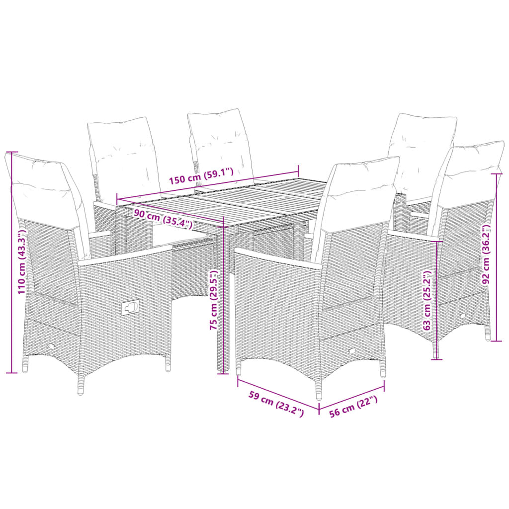 7-tlg. Garten-Essgruppe mit Kissen Schwarz Poly Rattan