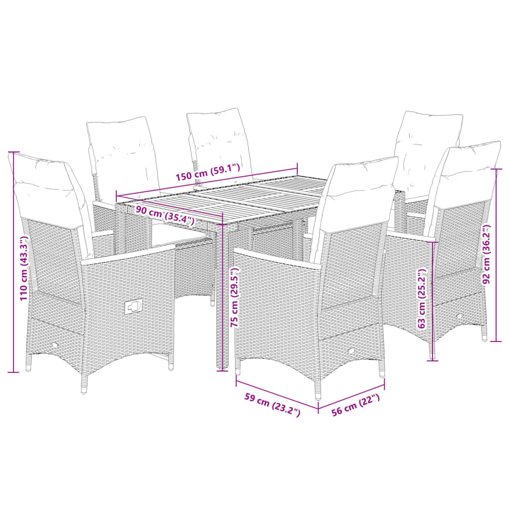 7-tlg. Garten-Essgruppe mit Kissen Schwarz Poly Rattan