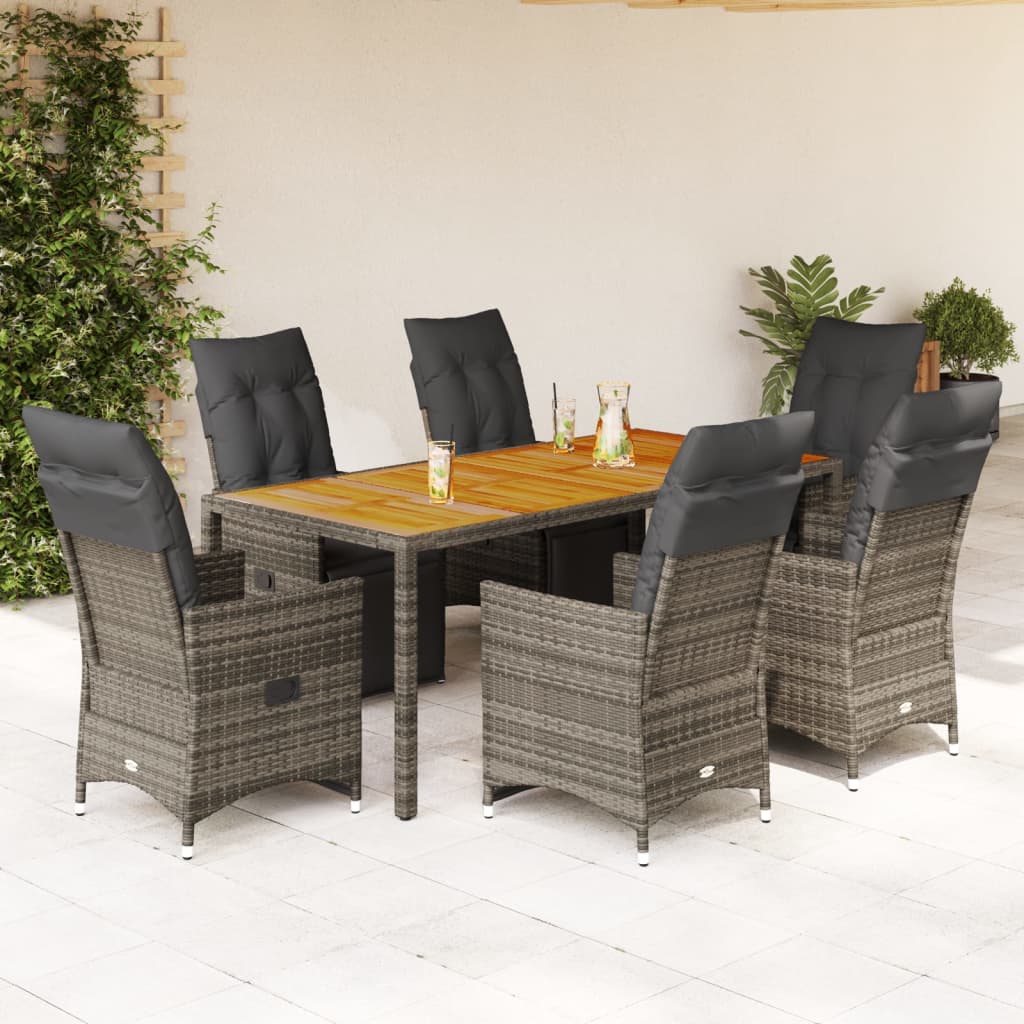 7-tlg. Garten-Bistro-Set mit Kissen Grau Poly Rattan
