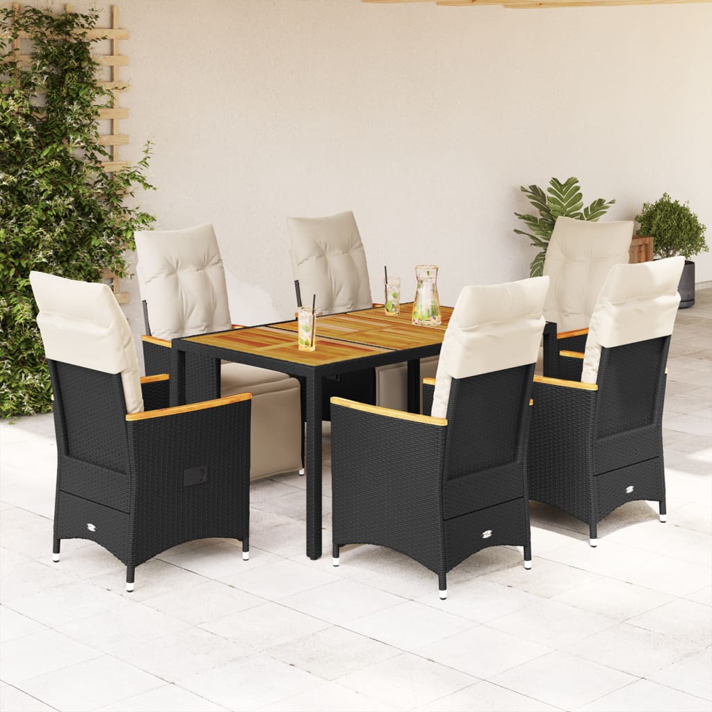 7-tlg. Garten-Bistro-Set mit Kissen Schwarz Poly Rattan