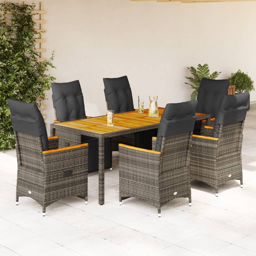 7-tlg. Garten-Bistro-Set mit Kissen Grau Poly Rattan