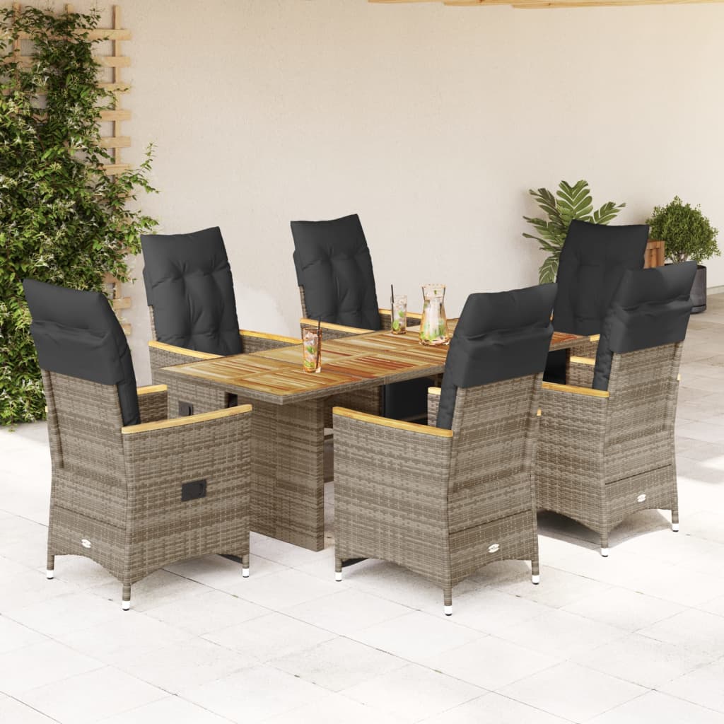 7-tlg. Garten-Bistro-Set mit Kissen Grau Poly Rattan