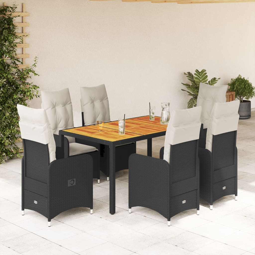 7-tlg. Garten-Bistro-Set mit Kissen Schwarz Poly Rattan