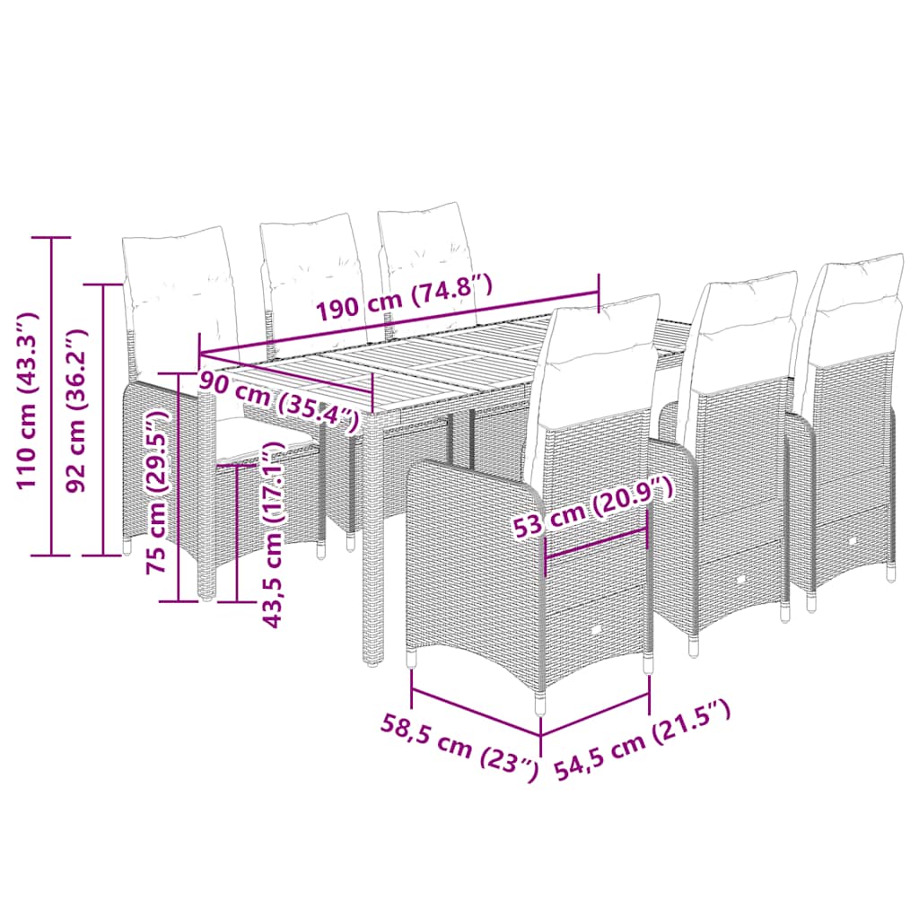 9-tlg. Garten-Bistro-Set mit Kissen Schwarz Poly Rattan