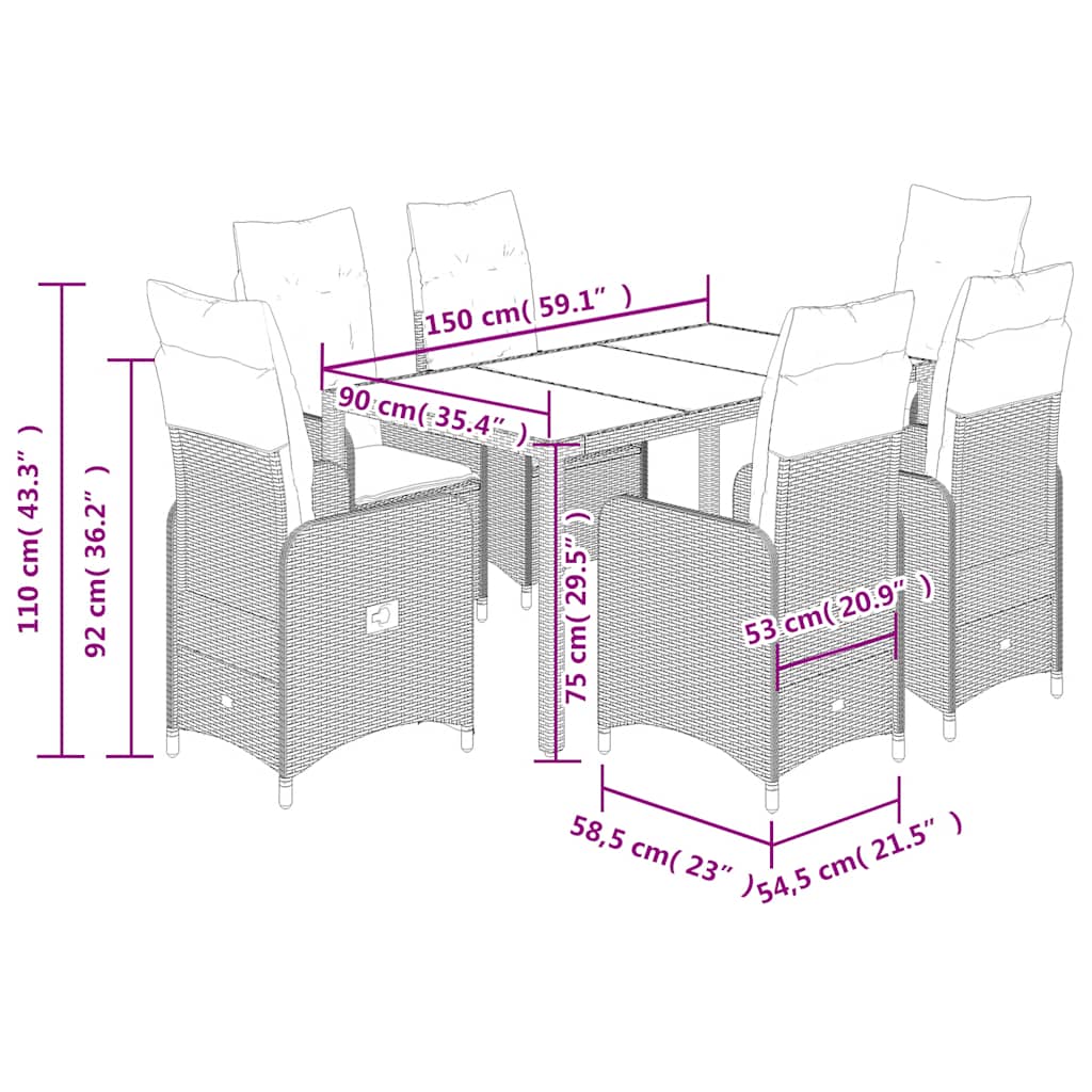 7-tlg. Garten-Bistro-Set mit Kissen Schwarz Poly Rattan