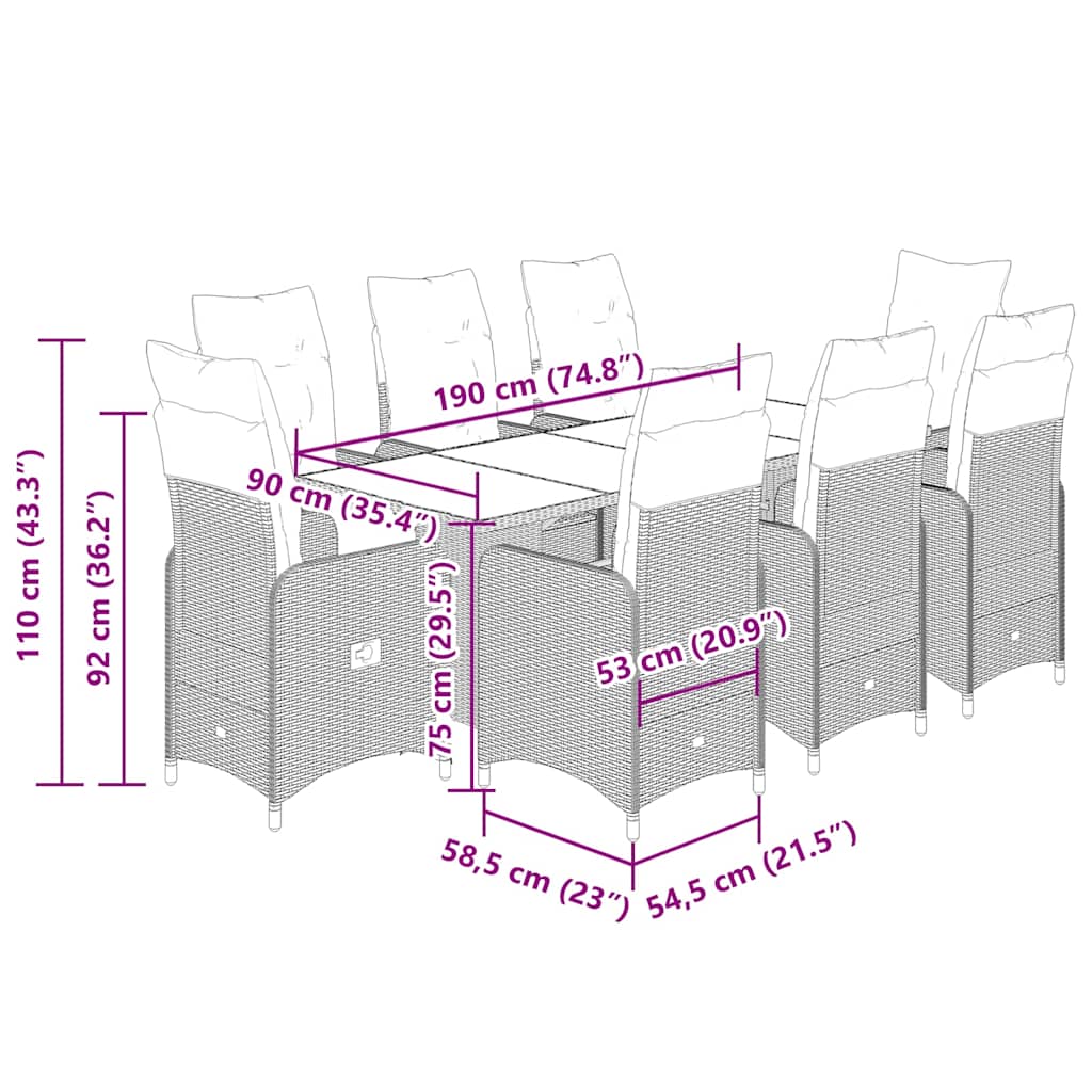 9-tlg. Garten-Bistro-Set mit Kissen Schwarz Poly Rattan