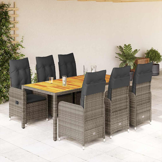 7-tlg. Garten-Bistro-Set mit Kissen Grau Poly Rattan