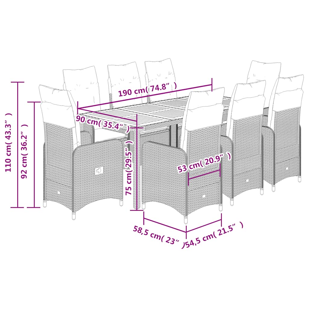 9-tlg. Garten-Bistro-Set mit Kissen Grau Poly Rattan