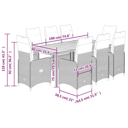 9-tlg. Garten-Bistro-Set mit Kissen Grau Poly Rattan