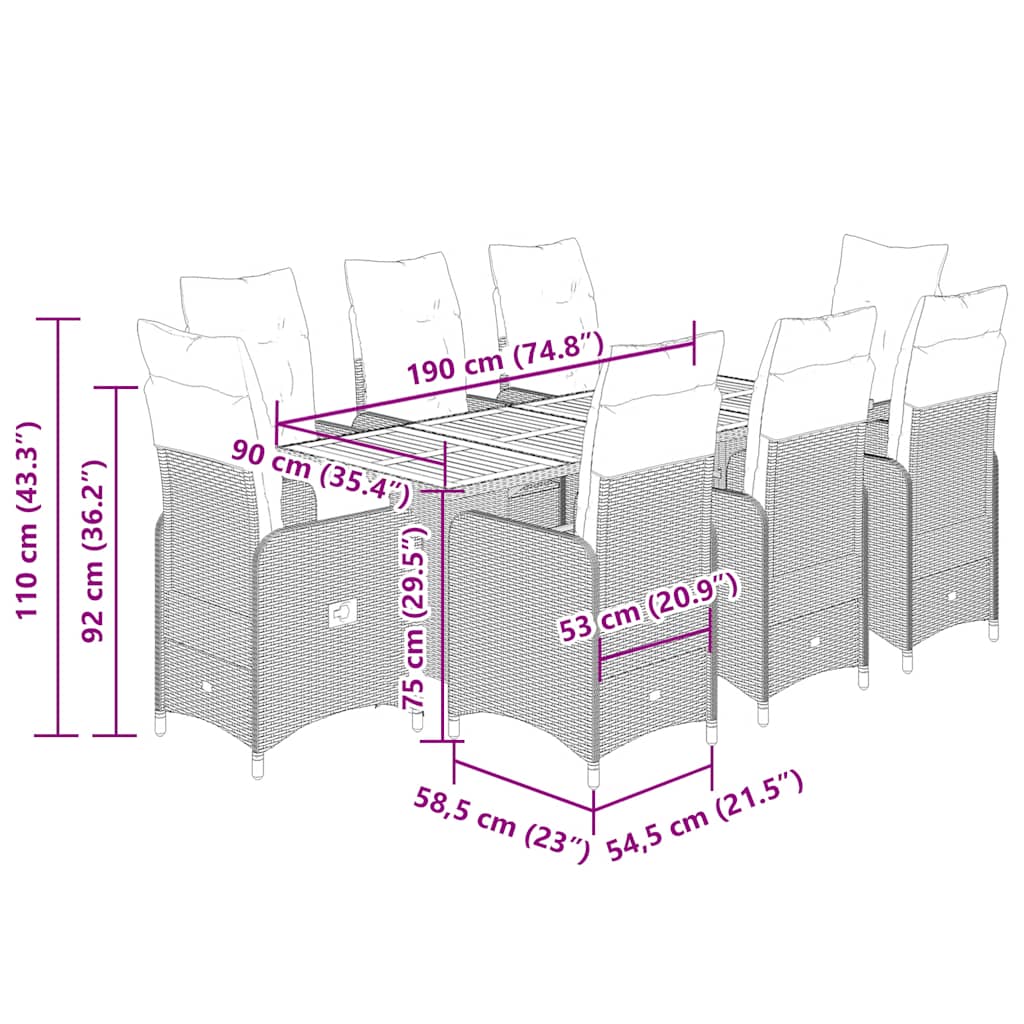 9-tlg. Garten-Bistro-Set mit Kissen Grau Poly Rattan