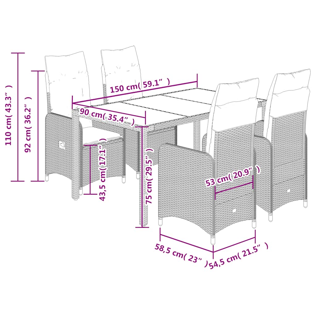 5-tlg. Garten-Bistro-Set mit Kissen Grau Poly Rattan