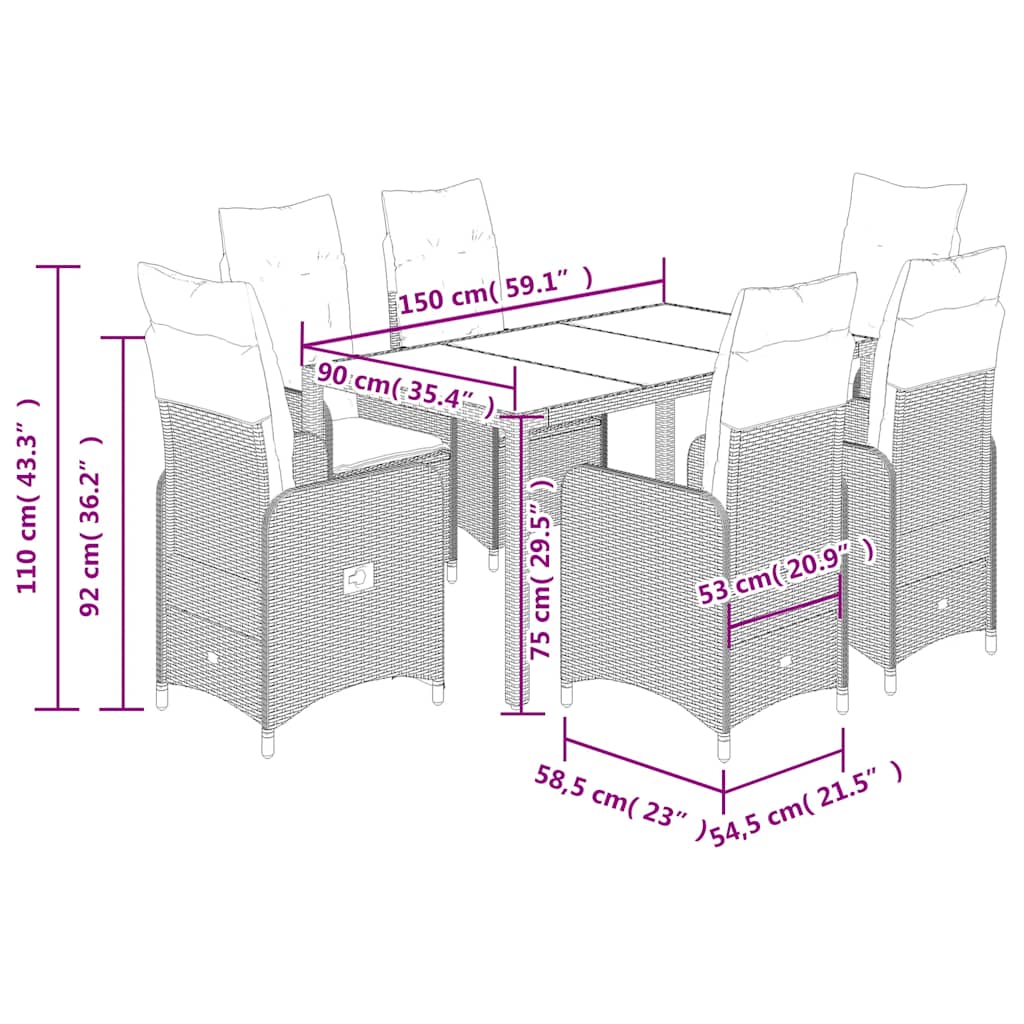 7-tlg. Garten-Bistro-Set mit Kissen Braun Poly Rattan