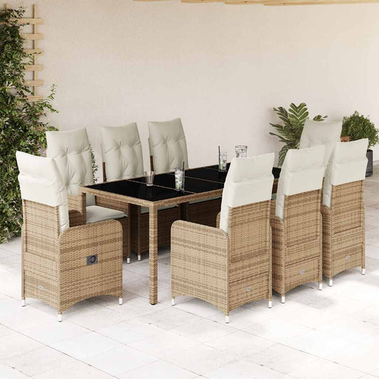 9-tlg. Garten-Bistro-Set mit Kissen Beige Poly Rattan
