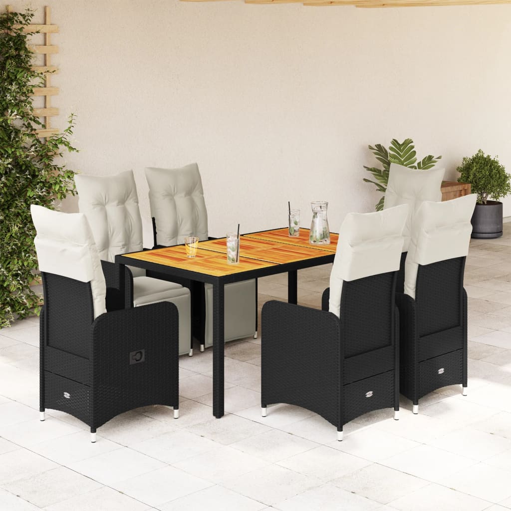 7-tlg. Garten-Bistro-Set mit Kissen Schwarz Poly Rattan