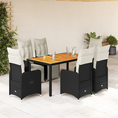 7-tlg. Garten-Bistro-Set mit Kissen Schwarz Poly Rattan