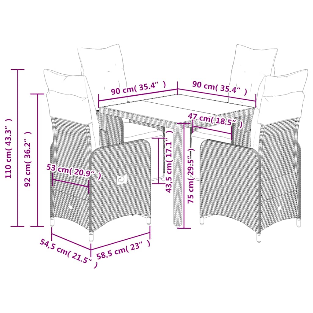 5-tlg. Garten-Bistro-Set mit Kissen Grau Poly Rattan