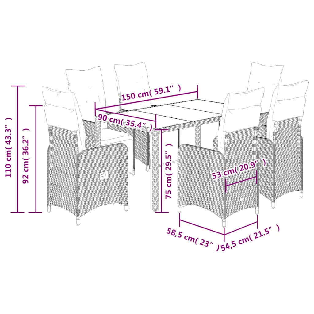 7-tlg. Garten-Bistro-Set mit Kissen Grau Poly Rattan