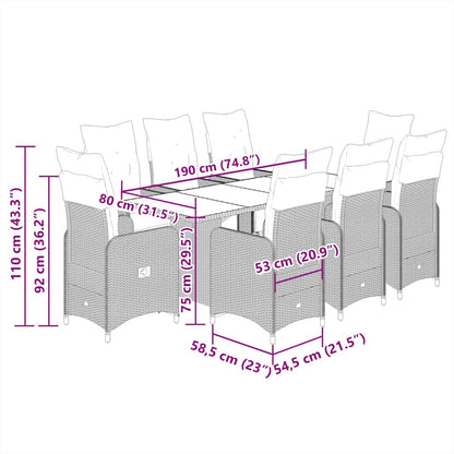 9-tlg. Garten-Bistro-Set mit Kissen Grau Poly Rattan