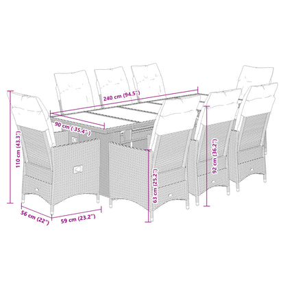 9-tlg. Garten-Bistro-Set mit Kissen Grau Poly Rattan