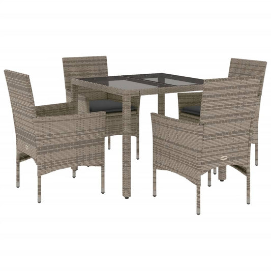 5-tlg. Garten-Essgruppe mit Kissen Grau Poly Rattan und Glas