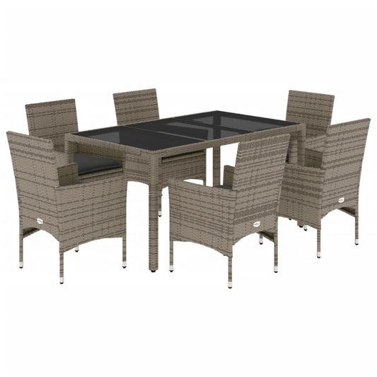 7-tlg. Garten-Essgruppe mit Kissen Grau Poly Rattan und Glas