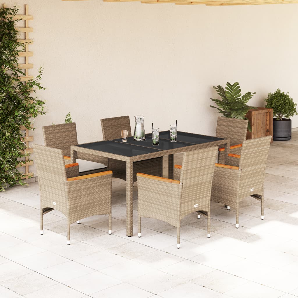 7-tlg. Garten-Essgruppe mit Kissen Beige Poly Rattan und Glas