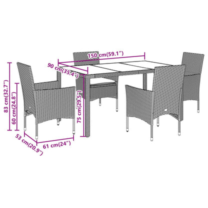 5-tlg. Garten-Essgruppe mit Kissen Schwarz Poly Rattan Akazie