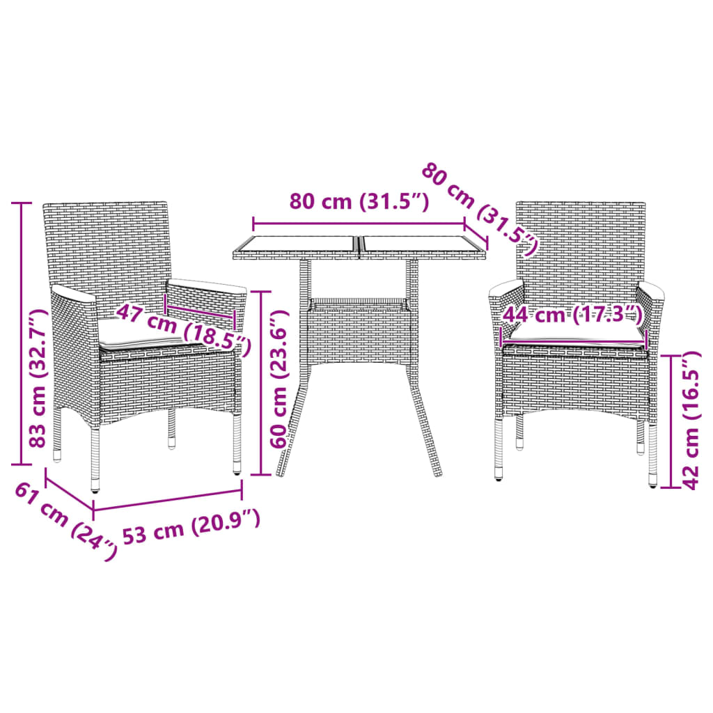 3-tlg. Garten-Essgruppe mit Kissen Beige Poly Rattan und Glas